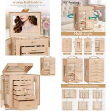 AKOZLIN Caja de Joyería Organizadora de 6 Niveles Funcional Giratoria 360° Estuche de Almacenamiento de Joyas para Mujeres y Niñas Soporte para Anillos Collares Aretes y Pulseras con Espejo - Champn - Ver 1
