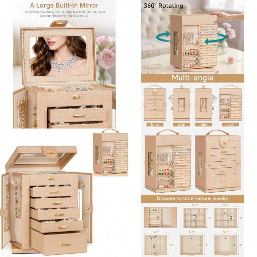 AKOZLIN Caja de Joyería Organizadora de 6 Niveles Funcional Giratoria 360° Estuche de Almacenamiento de Joyas para Mujeres y Niñas Soporte para Anillos Collares Aretes y Pulseras con Espejo - Champn - Ver 1