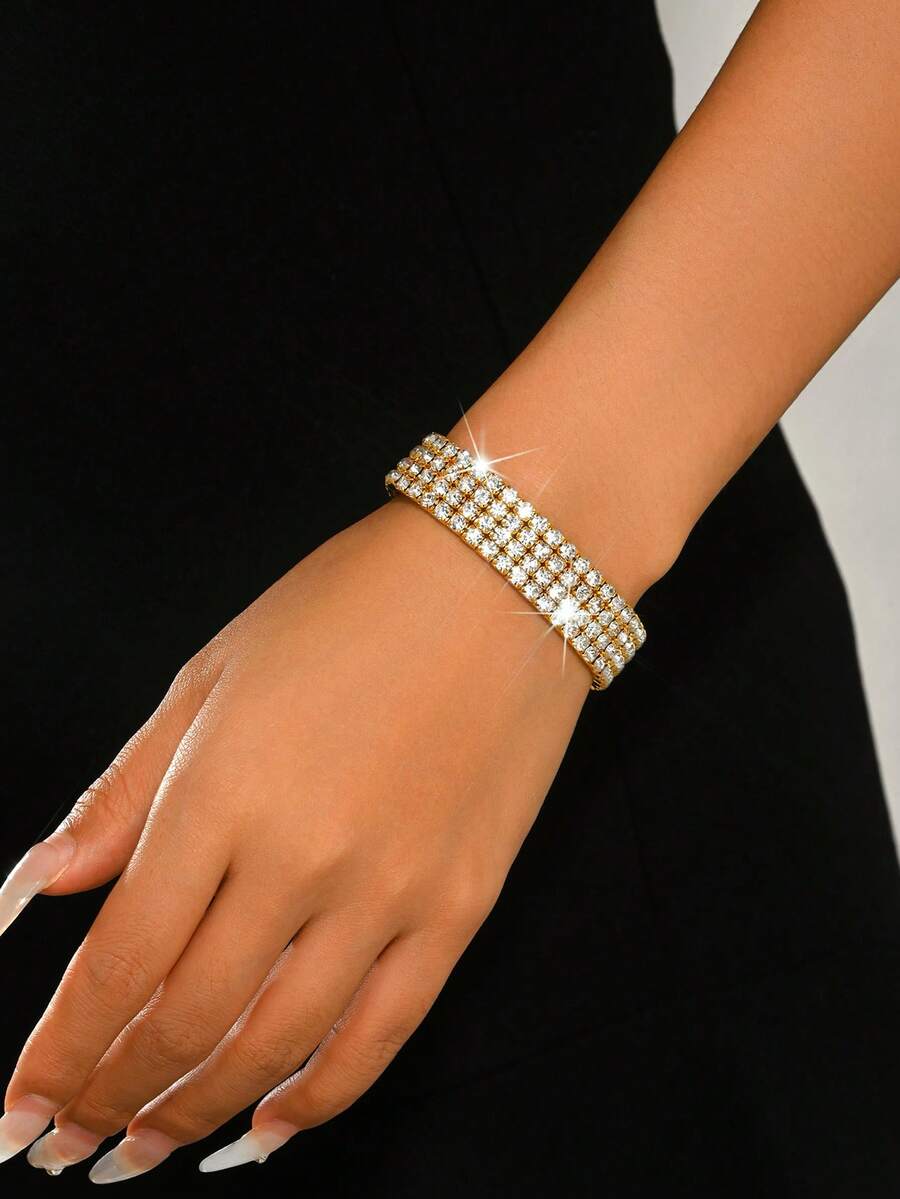 1pc 4-Row/3-Row/2-Row/1-Row Crystal Tennis Bracelet, Shiny Elastic Bangle, Crystal Sparkling Wristband, Wedding Bridal Jewelry, Valentine's Day Gift - Gold - View 1