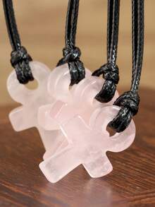 Yumfeel Natural Rose Quartz Ankh Cross Necklace Bohemian Unisex Style Handwoven Everyday Wear Festive/Birthday Gifts Life Symbol Pendant - Pink - View 6