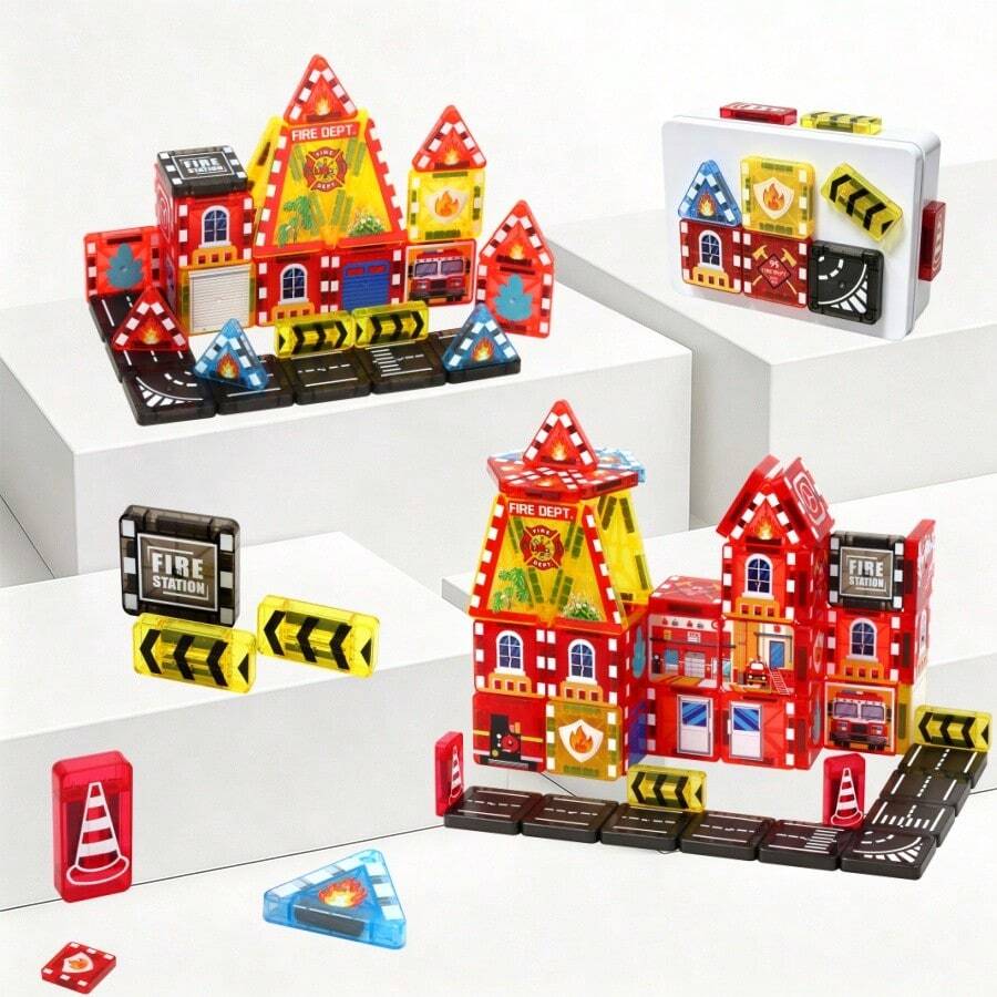 51pcs Magnetic Fire Truck Building Blocks Set With Iron Box, Portable Travel Magnetic Construction Toys, STEM Educational Magnetic Tile Road Kit - Suitable For Children 3+ Years Old, Birthday Gift - Multicolor - View 1