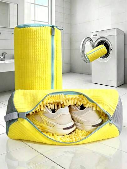 1pc Washing Machine Shoe Bag, Suitable For All Shoe Types - Yellow With Blue Zipper, Soft Insulated Lining, Fit For Sports & Casual Shoes, Laundry Bag, Holiday Essential, Travel Accessory, Graduation Gift