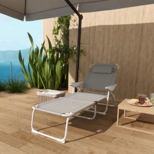 Folding Sun Lounger, Garden Lounger With Headrest, Deck Chair With 4-Position Adjustable Backrest, Weatherproof Camping Lounger, Garden Chair With A Weight Capacity Of Up To 120 Kg, For Garden, Outdoor Use, Beach, Light Grey