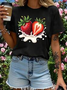 Red Strawberry Ice Cream Pattern Comfortable Fabric Short Sleeve - Black - View 1