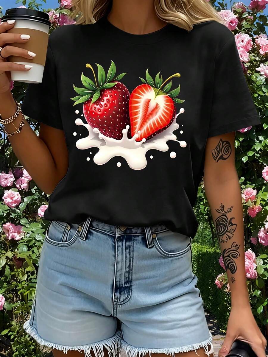Red Strawberry Ice Cream Pattern Comfortable Fabric Short Sleeve - Black - View 1