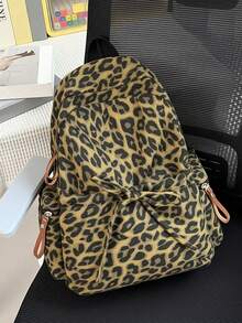 Retro American Baddie Style Deep Brown Leopard Print Backpack, Front Pocket With Bow Tie Design, Side Zipper Pocket, Large Capacity Versatile, Student Commute Travel Casual Backpack - Multicolor - View 7