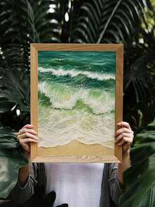 1件碎浪帆布壁畫，現代海岸風景印畫，漸層綠色海灘牆飾，海邊療癒放鬆繪畫，適合浴室、客廳裝飾 - 彩色 - 查看 2