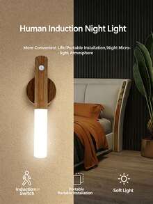 1pc Smart Motion Sensor Wall Light Walnut Wood Grain Night Light No Drilling Wiring Magnetic Bedside Wall Lamp - Multicolor - View 3