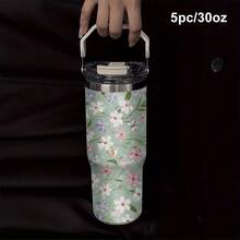 1個 30盎司 薄荷綠蝴蝶與花卉主題不鏽鋼保溫杯，甜美田園少女風設計，全天保持飲品最佳溫度 - 綠色-白花 - 查看 10