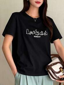 Camiseta con gráfico de dibujos animados y letras, estilo preppy - Negro - Ver 3