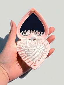 1pc Portable Pink Heart-Shaped Folding Comb With Mirror - No Battery Needed, Cartoon Design, Cute Valentine's Day/Birthday Gift, Dual Use For Home & Outdoor, Personal Beauty Tool, Durable Plastic Material, Sturdy Structure, Essential For Makeup Lovers, Suitable For Friends, Girlfriends, Couples, Family, Mother's Day, Valentine's Day, Thanksgiving, Christmas Hair Styling Tool Kit - Multicolor - View 2