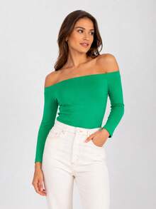 Cotton Off-The-Shoulder Blouse Green, Basic Blouse, Off-The-Shoulder, 3/4 Sleeves, Elastic Material, Hip-Length. - Green - View 1