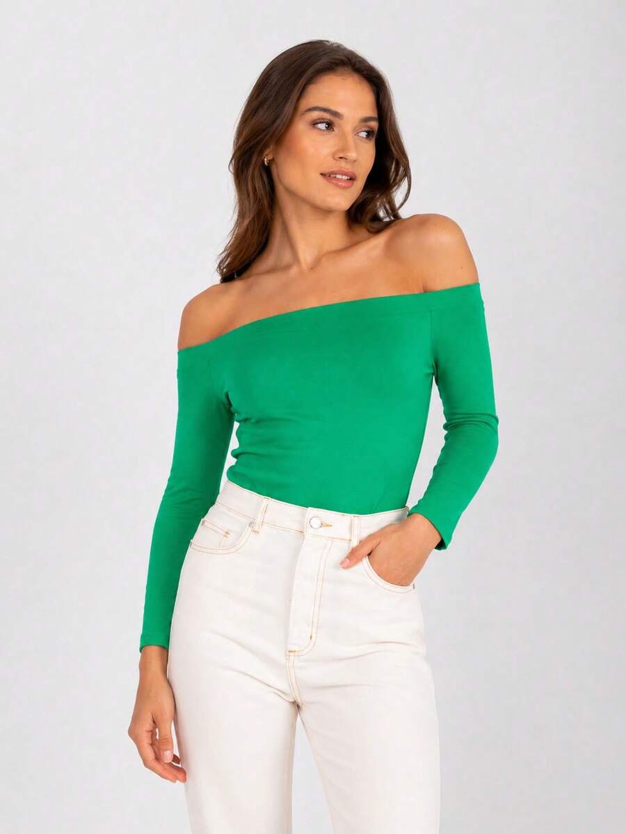 Cotton Off-The-Shoulder Blouse Green, Basic Blouse, Off-The-Shoulder, 3/4 Sleeves, Elastic Material, Hip-Length. - Green - View 1