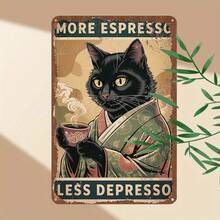 Letrero Metálico - Diseño de Gato con Café ás Espresso, Menos Depresión, Arte Retro para Pared, Decoración para Hogar, Cafetería, Bar, Garaje - letrero de aluminio - Ver 1