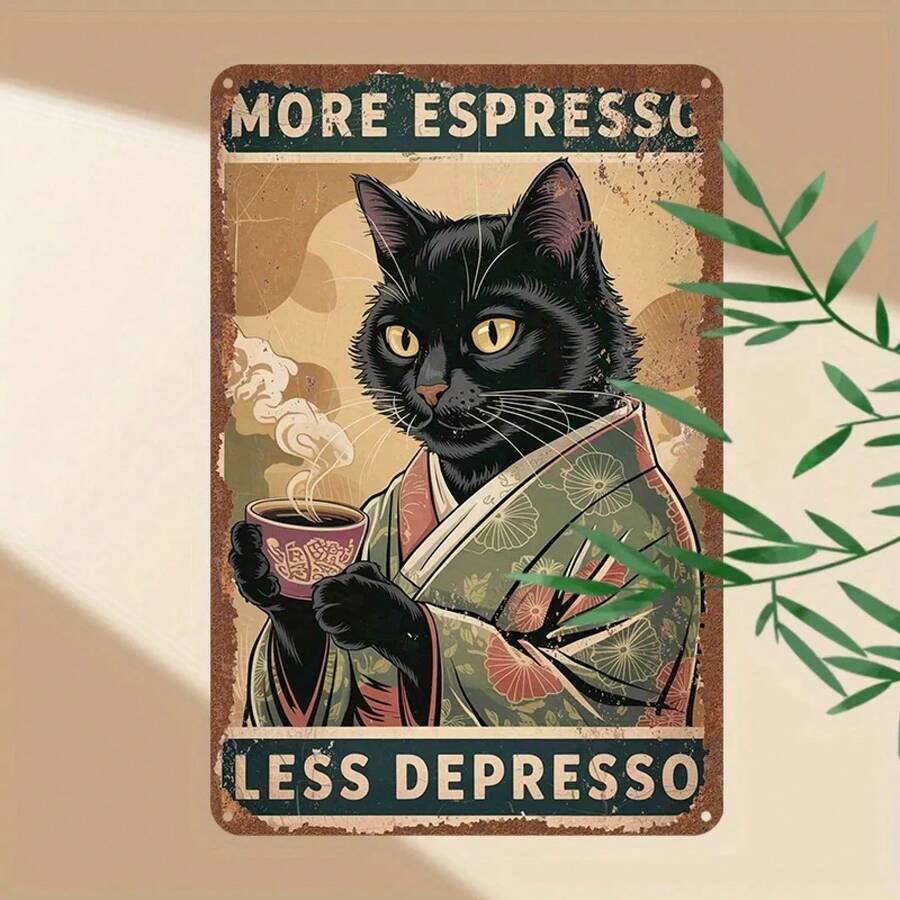 Letrero Metálico - Diseño de Gato con Café ás Espresso, Menos Depresión, Arte Retro para Pared, Decoración para Hogar, Cafetería, Bar, Garaje - letrero de aluminio - Ver 1