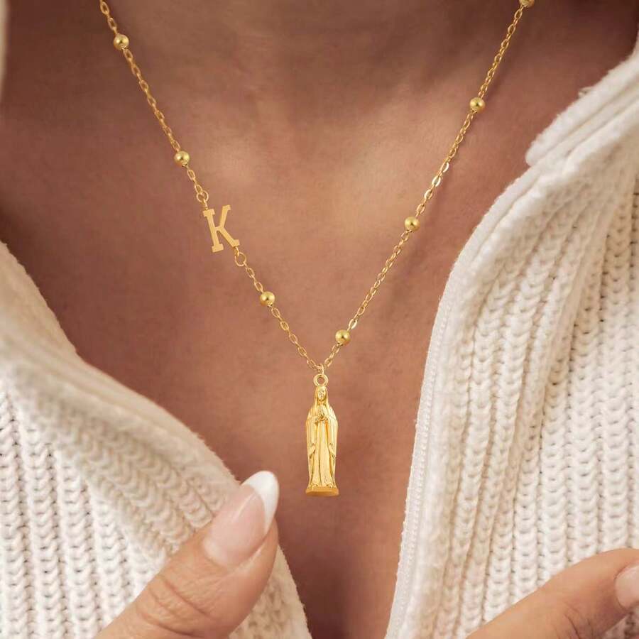 1pc New Classic Initial Mary Mama Pendant Golden Stainless Steel Bead Chain Necklaces For Women - Yellow Gold - View 1