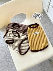 Striped Puppy Sleeveless Shirt - Soft Elastic Pet Vest With Contrasting Brown Trim, Multi-Color (Yellow/Brown/Beige) Small Breed Pet Clothing, Suitable For Indoor Leisure, Outdoor Walks And Fashionable Pet Photography Comfortable Daily Wear - Multicolor - View 10