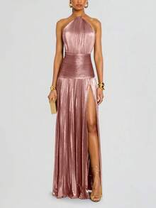 Metallic Color Pleated Split Tie Halter Dress Sleeveless Backless Glittery Women Dress For Wedding Party Graduation Shiny Streamer Metal Tone Ruched Dress Open Back Lace-Up Split Hem Halter Gown For Ceremony Banquet - 粉紅色 - 查看 5