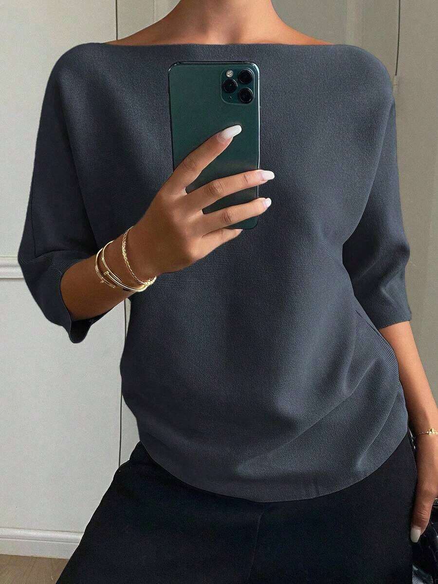Blusa de punto de cuello barco de unicolor, ajustada, de manga corta, casual y elegante para mujer, otoño/invierno - Gris Oscuro 2 - Ver 1