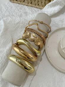7 piezas Brazaletes abiertos asimétricos con ondas y patrón geométrico vintage, accesorios simples y de moda para mujeres, adecuados para uso casual, fiesta, boda y vacaciones de verano - Estilo 1 - Ver 2