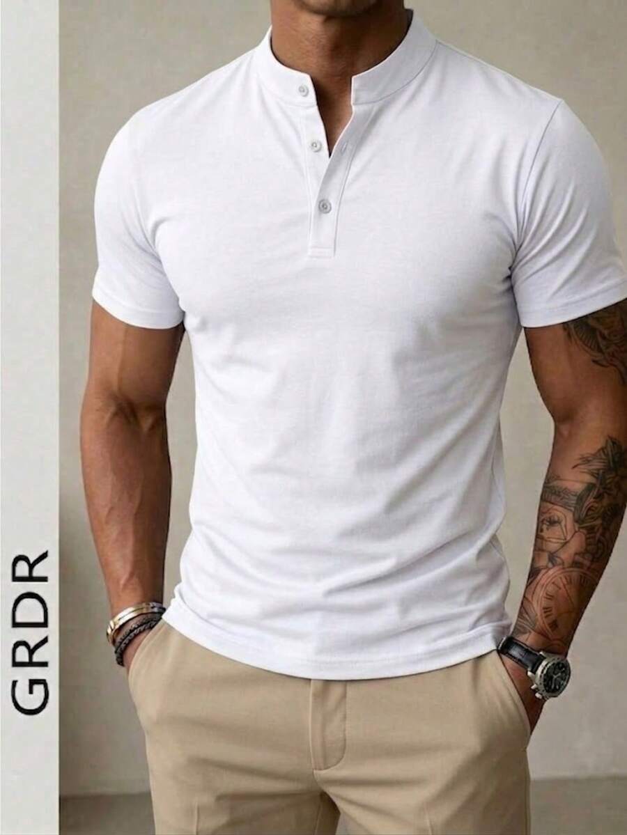 Áo sơ mi nam GRDR cổ Henley tay ngắn màu trơn cổ điển, món đồ thiết yếu thường ngày, không thể thiếu trong tủ đồ mùa hè. - trắng - Xem 1