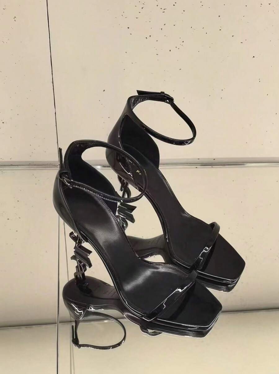 YS Same Style Summer Temperament Stiletto Red High Heels Versatile Open Toe One-Strap Sandals For Women - Gót giày màu đen mờ (cao 8 cm) - Xem 1