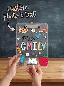 1pc Personalized Custom Teacher Clipboard, Customized Name Transparent Acrylic Board With Metal Clip, Cute School Supplies Doodle, Transparent Rainbow And Apple Design, Unique Teacher Appreciation Gift, Suitable For Classroom Decoration, Lesson Plans And Daily Use - Multicolor - View 7