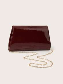 REMANLAND Charming Large Capacity Evening Clutch, Sparkling Chain Shoulder Strap, Luxurious Patent Leather Solid Color Wedding Party Handbag, Purse, Stylish - Burgundy - View 6