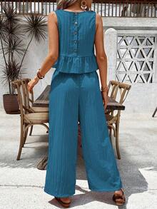 Conjunto casual de 2 piezas con blusa plisada de unicolor y pantalones de pierna ancha para mujer - Niebla azul - Ver 2