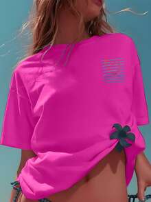 Women's Regular Fit Pink Crew Neck Short Sleeve T-Shirt, Medium Stretch Fabric, Ideal For Casual Wear Summer - Hot Pink - View 2