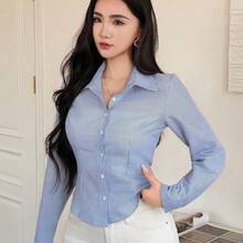 Camisa de manga larga a rayas minimalista y casual para mujer - Caqui - Ver 6