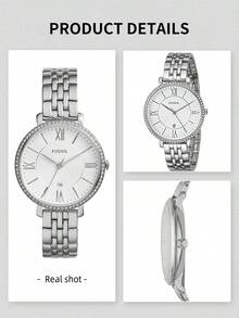Fossil Women's Polished Silver Round Crystal Halo Watch Multi‑Row Stainless Steel Bracelet White Textured Roman Numeral Dial Date Feature Elegant Minimalist Wristwatch for Daily Office Wear Bridal Occasion City Weekend Outing Ideal Gift for Her on Birthday Valentines Day Bri Shower Holiday - 銀色 - 查看 7