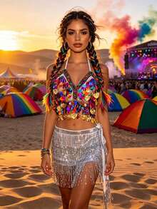 Áo hai dây crop top vỏ sò đính sequin nhiều màu kèm chân váy hông tua rua sequin, phù hợp cho lễ hội Carnival, lễ hội âm nhạc sa mạc và lễ hội EDM (có nhiều màu sắc) - Nhiều màu - Xem 4