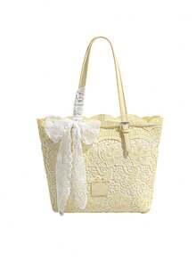 Bolso tote de encaje calado gran capacidad asa de piel regulable lazo de encaje desmontable varios colores mujer diario playa viaje vacaciones regalo - Amarillo - Ver 5