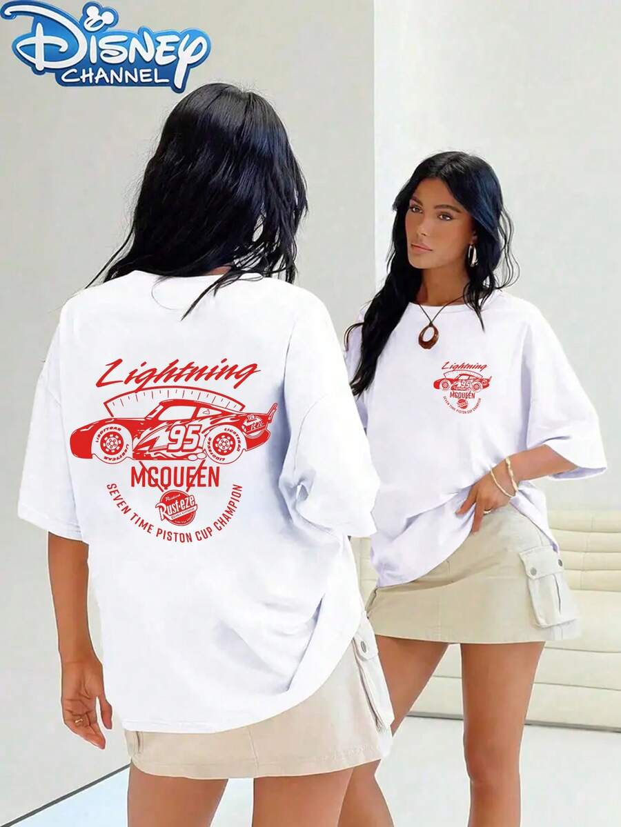 Disney Licensed Cars Lightning McQueen Printed T-Shirt, Double Print On The Front And Back, Casual, Sporty, Comfortable, Round-Neck, Short-Sleeved, Suitable For Home Wear And Outings, Women's Summer Clothing - trắng - Xem 1