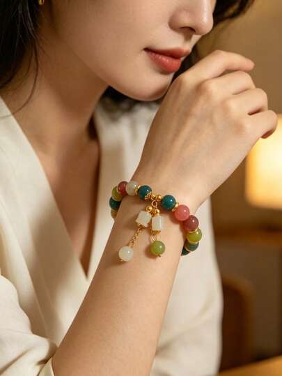 1pc Multicolor Women's Bracelet, Lily Of The Valley Pendant Bracelet, Gift For Girlfriend Or Best Friend (Bead Color Random)
