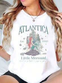 Atlantica Mermaid Princess Ariel Castle Print Disney Women T Shirt Round Neck Short Sleeve Casual Summer Wear For Beach Vacation Soft Comfortable 220g - trắng - Xem 1