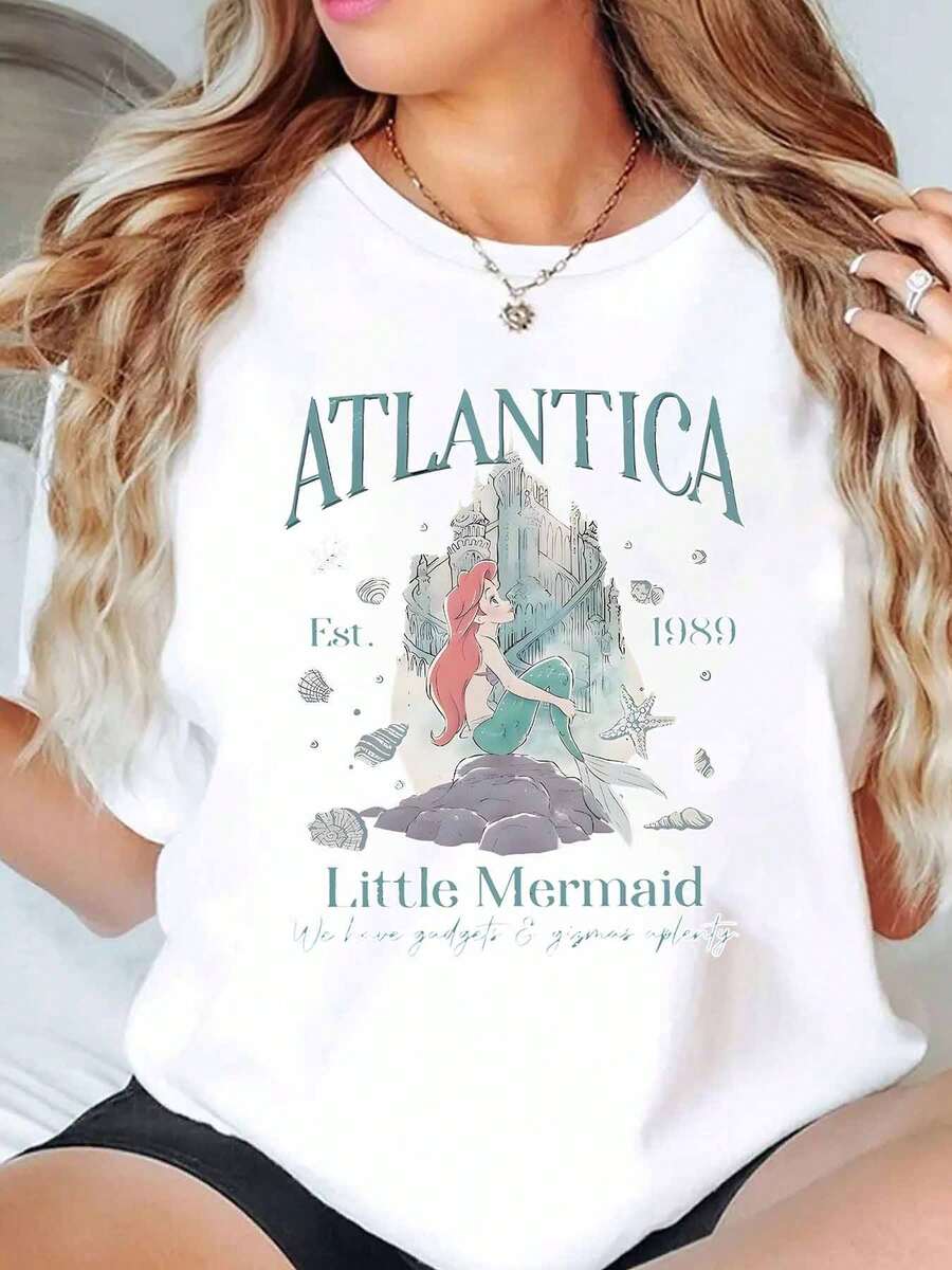 Atlantica Mermaid Princess Ariel Castle Print Disney Women T Shirt Round Neck Short Sleeve Casual Summer Wear For Beach Vacation Soft Comfortable 220g - trắng - Xem 1
