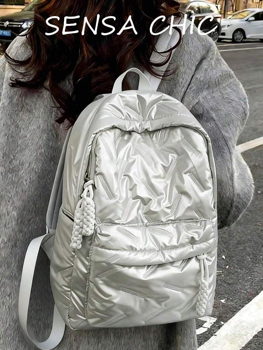 Classic University Style Backpack, Solid Color & Rhombus Pattern Design, Large Capacity Multi-Pocket, Suitable For School, Travel And Vacation - Silver - View 1