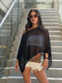 Asymmetrical Design Women's Thin Mesh Cape Shawl, Sun Protection Shirt Summer Loose Slouchy Style, Multi-Functional Ice Silk Knit Hollow Out Shawl, Suitable For Daily, Vacation, Beach, Formal Occasions, Party - Black - View 3