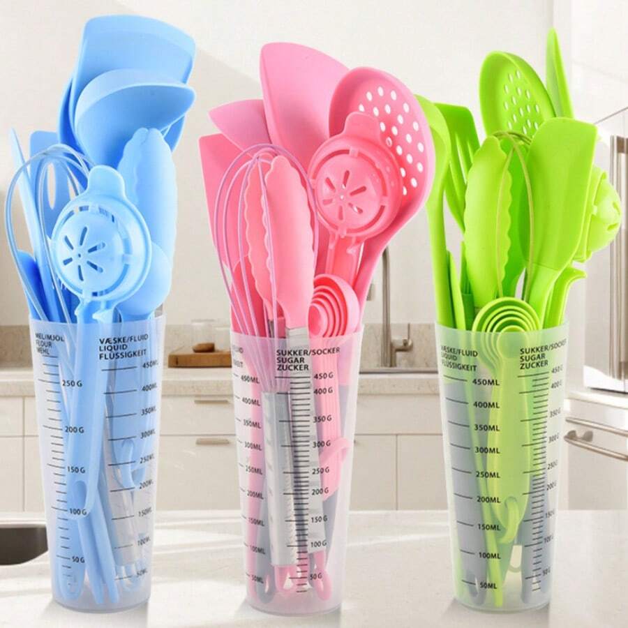 16pcs Silicone Kitchenware Set, Non-Stick Cookware, Heat Resistant, Easy To Clean, Cooking & Baking Utensils, Measuring Cup & Spoon, Spatula