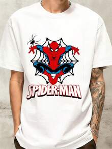 MARVEL Spider-Man Web Graphic T-Shirt For Men, 100% Cotton Loose Fit Streetwear Tee, Great Gift - 白色 - 查看 5