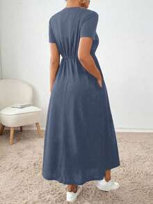 Vestido midi con cordón en la cintura, bolsillo lateral, ropa de regreso a la escuela, ropa de mujer para otoño, atuendos de maestra, vestido de despedida de soltera, vestidos casuales de mujer, vestidos midi de mujer, vestidos de trabajo de mujer, vestidos de otoño para mujer, vestidos maxi de mujer, disfraz de Halloween, vestido casual de negocios, vestidos de verano para mujer - Azul marino - Ver 2