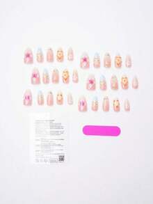 24pcs Ocean Style Almond Shaped Acrylic Nail Stickers With 3D Starfish, Seashell & Floral Patterns, Pearlescent Metallic Decorative Glossy Full Cover False Nails, Suitable For Women & Girls Summer Beach Holiday Daily Wear - 彩色 - 查看 2
