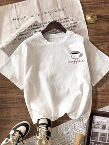 But First, Coffee-A Casual White Short-Sleeved Shirt With A Round Neck, Suitable For Women. - White - View 2