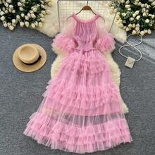 Elegante Vestido Midi Plisado de Tul con Cintura Alta y Efecto Adelgazante, Estilo Coreano, para Mujer, Primavera, Otoño e In... - Rosa - Ver 1
