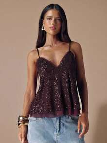 2026 Top de mujer con tirantes de lentejuelas de color marrón oscuro con cuello en V profundo y unicolor, camiseta interior de mujer con lentejuelas, camiseta interior de otoño/invierno, para ocasiones de fiesta y cóctel - Blanco 2 - Ver 8