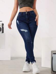 Skinny Stretch Jeans With Rips, Casual Youth Style - Deep Blue - View 3
