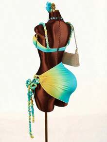 Conjunto de traje de baño de 3 piezas con detalles de lino para mujer, que incluye bikini y cubre con lino, adecuado para vacaciones en la playa y uso diario, sexy, lindo, elegante, nueva llegada - Multicolor - Ver 8
