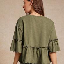 Camiseta con cuello redondo de punto slub, mangas con volantes y peplum, ideal para volver al colegio, otoño y conciertos country - Albaricoque - Ver 3